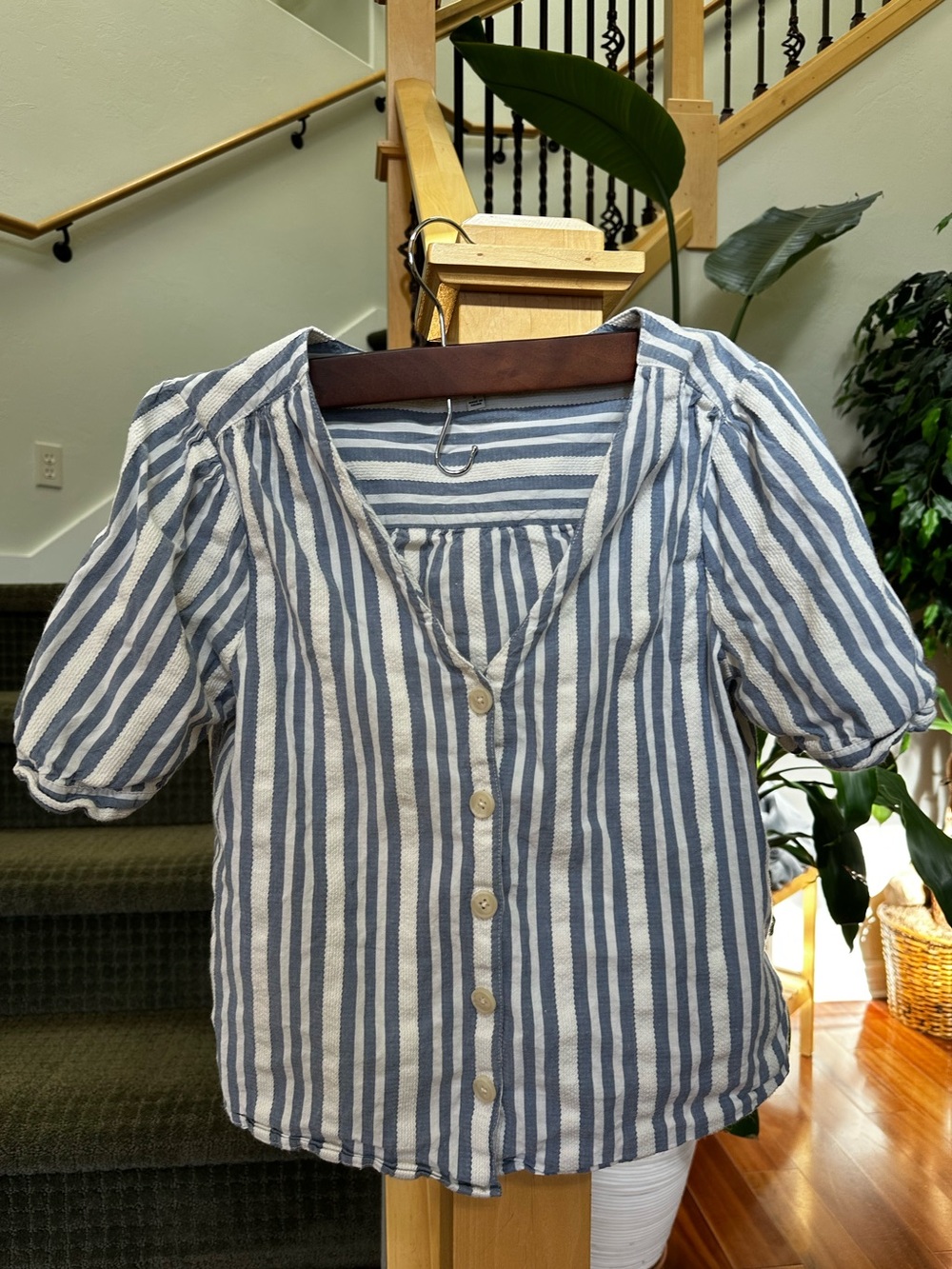 Madewell Plaza Blue and White Vertical Stripe Button-Front Top